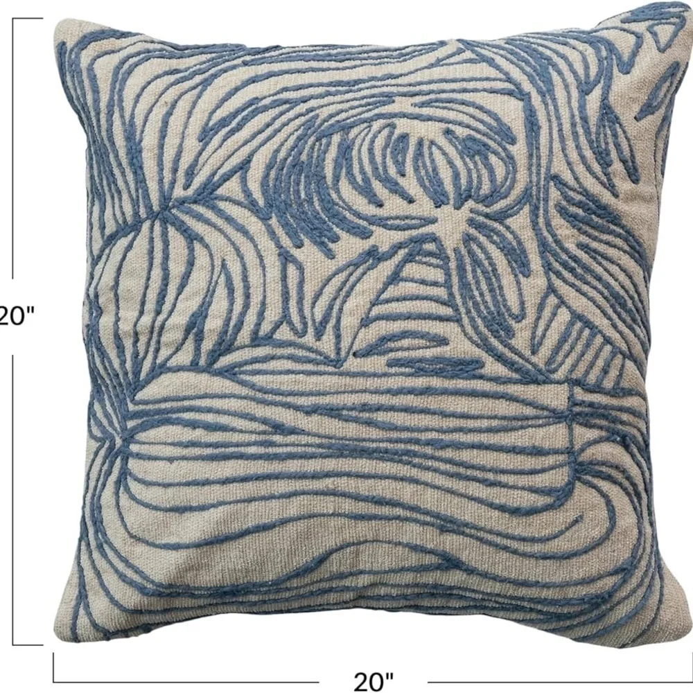 Bloomingville, Natural and Blue Azure Lines Embroidered Cotton Pillow 20 x 20”
